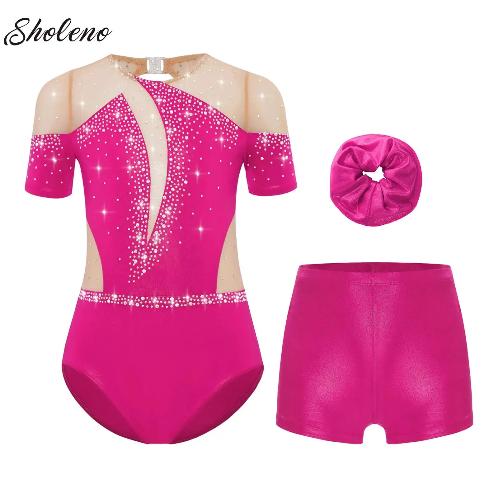 

Kids Girls Figure Skating Costume Rhythmic Gymnastics Bodysuit Jumpsuit Children's Tutu Ballet Dance Leotard with Shorts Outfit
