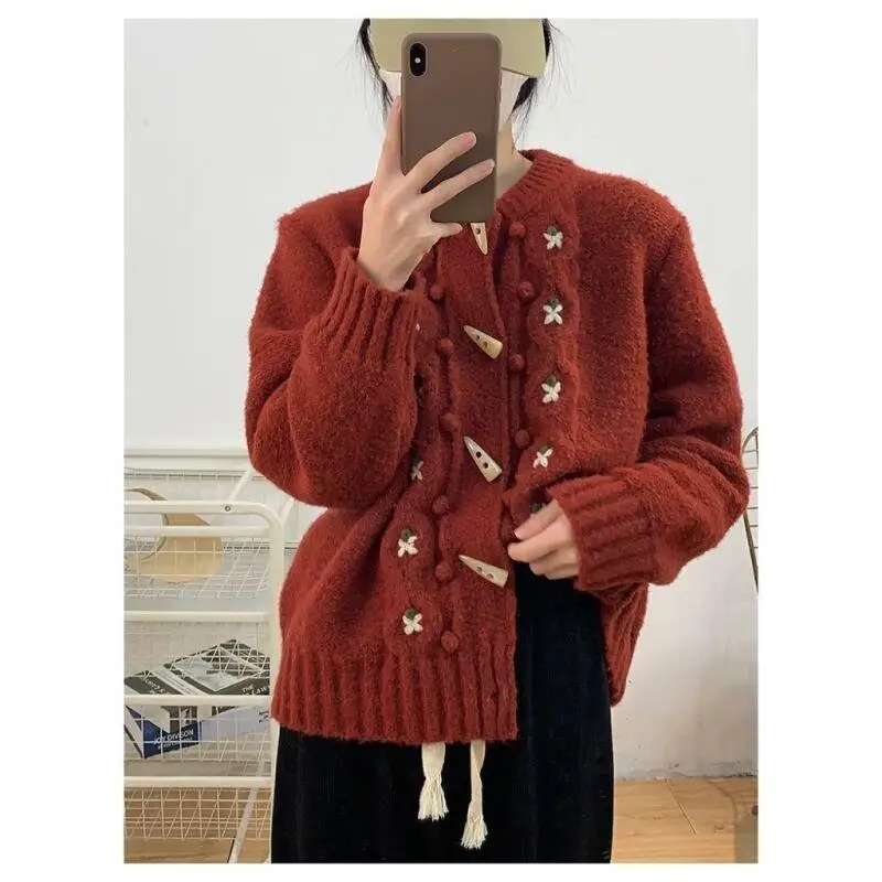 الطازجة الحلو لطيف الترفيه يوميا 2025 الخريف الشتاء جديد ريترو تصميم سترة مشغولة من الصوف المرأة ضئيلة فضفاضة لينة مريحة لباس غير رسمي #4