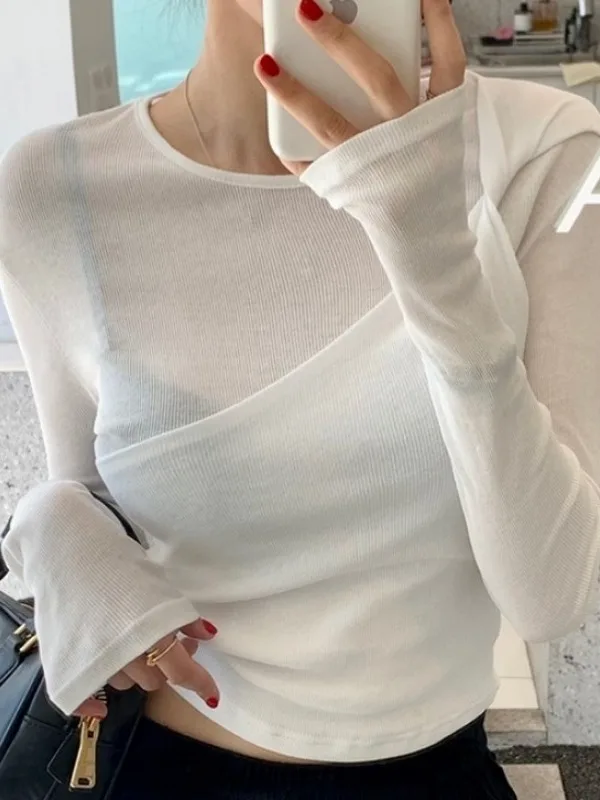 Chic Comfortable Long Sleeve Knot T-Shirt Slim Fit Thread Detail Base Shirt Korean Style Cotton Summer Top for Women