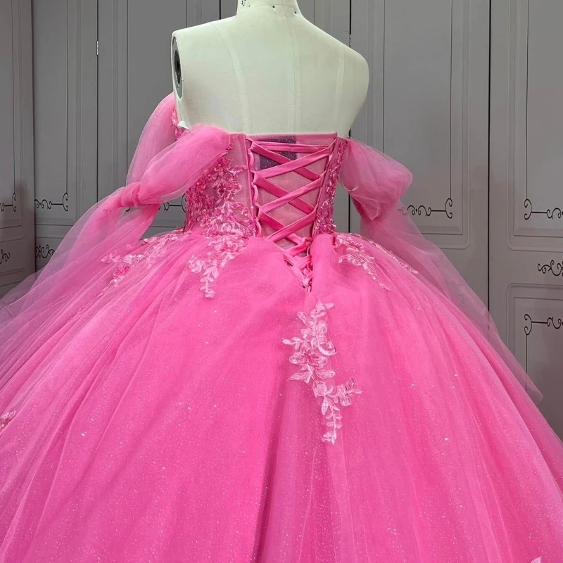 Vestidos de quinceañera de princesa roja rosa brillante con hombros descubiertos, apliques de cuentas de encaje, vestidos de fiesta de cumpleaños de tul de 15 anos dulces