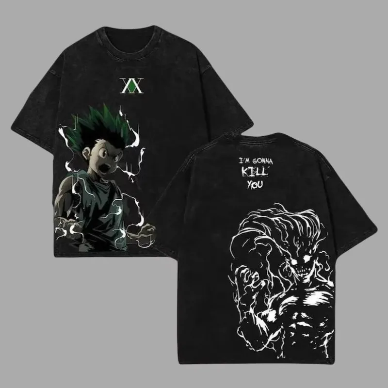 Hunter X Hunter Killua Zoldyck Anime Washed T-Shirt Frühling Sommer Vintage Herren Damen Baumwolle Lässiges Oversized T-Shirt Streetwear