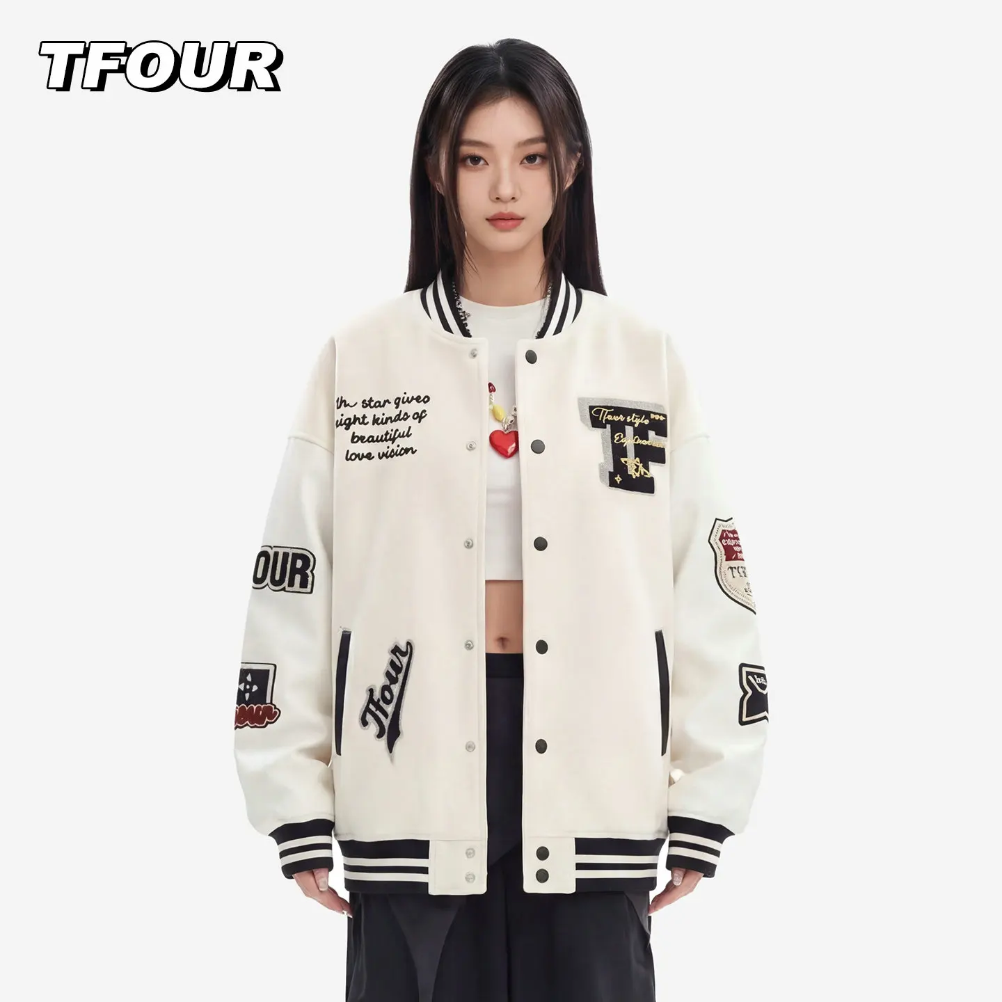 

Куртка-пилот TFOUR Eight-pointed Star в американском ретро-стиле, с вышивкой из махровой ткани, в стиле колор-блок, ветрозащитная, свободного кроя, стильная, унисекс, для весны, осени и зимы