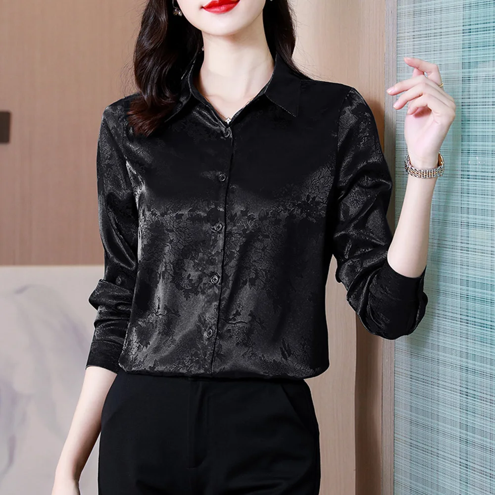 Fashion Jacquard Satin Shirts Women Office Lady Workwear OL Blouse Long Sleeve Casual Tops Elegant Female Clothing