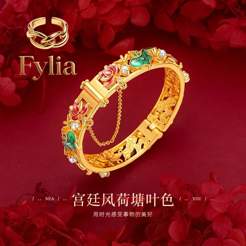Fylia Jewelry   Exclusive 9999 Real 24K Yellow Gold Large Ethnic Enamel Lotus Bracelet with Pearl Lotus Buckle