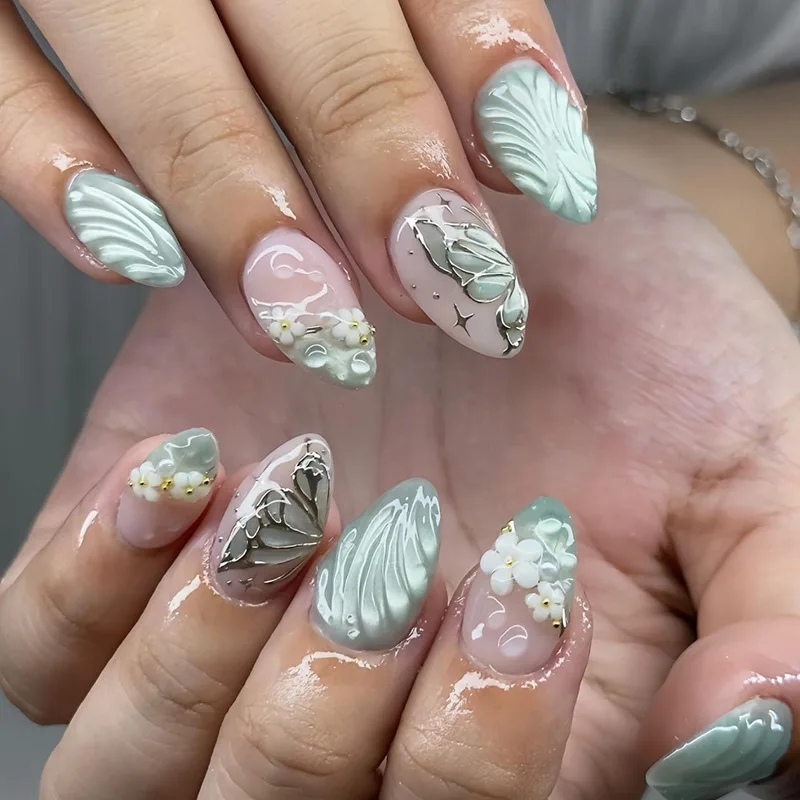 

24Pcs Mid-length Almond Press on Nails Green Cat's Eye Butterfly French Fake Nails 3D Ripple Flower Detachable False Nails Tips