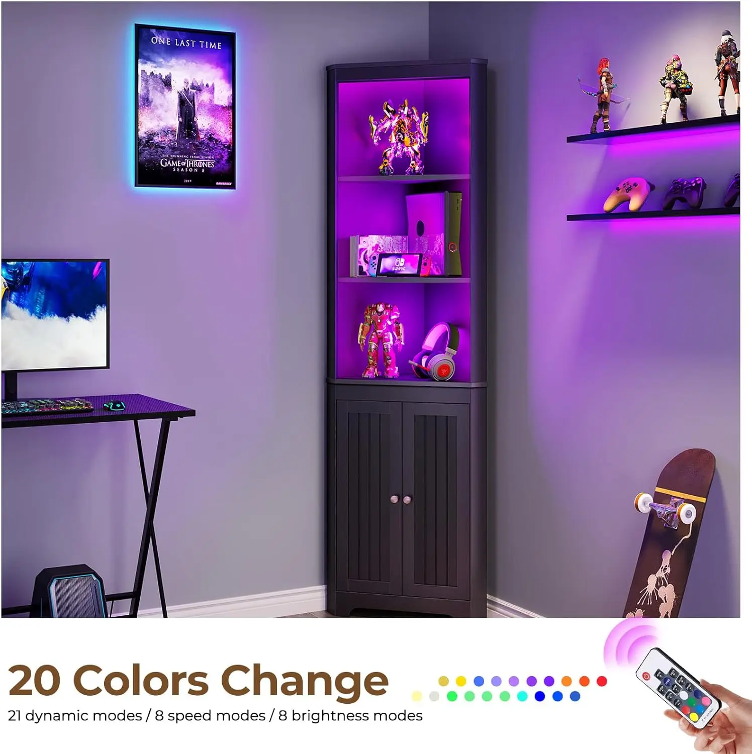 RolanstarCorner Shelf with LED Light, BlackCorner Cabinet,5-Tier Storage Cabinet with Doors,TallCorner Bookshelf Corner Stand