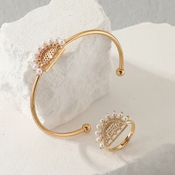 Women Fashion Pearl Open Cuff Bangle Ring Set Fan Shape Mask Design Arabic Style Hollow out Design Wedding Jewelry Bangle Set