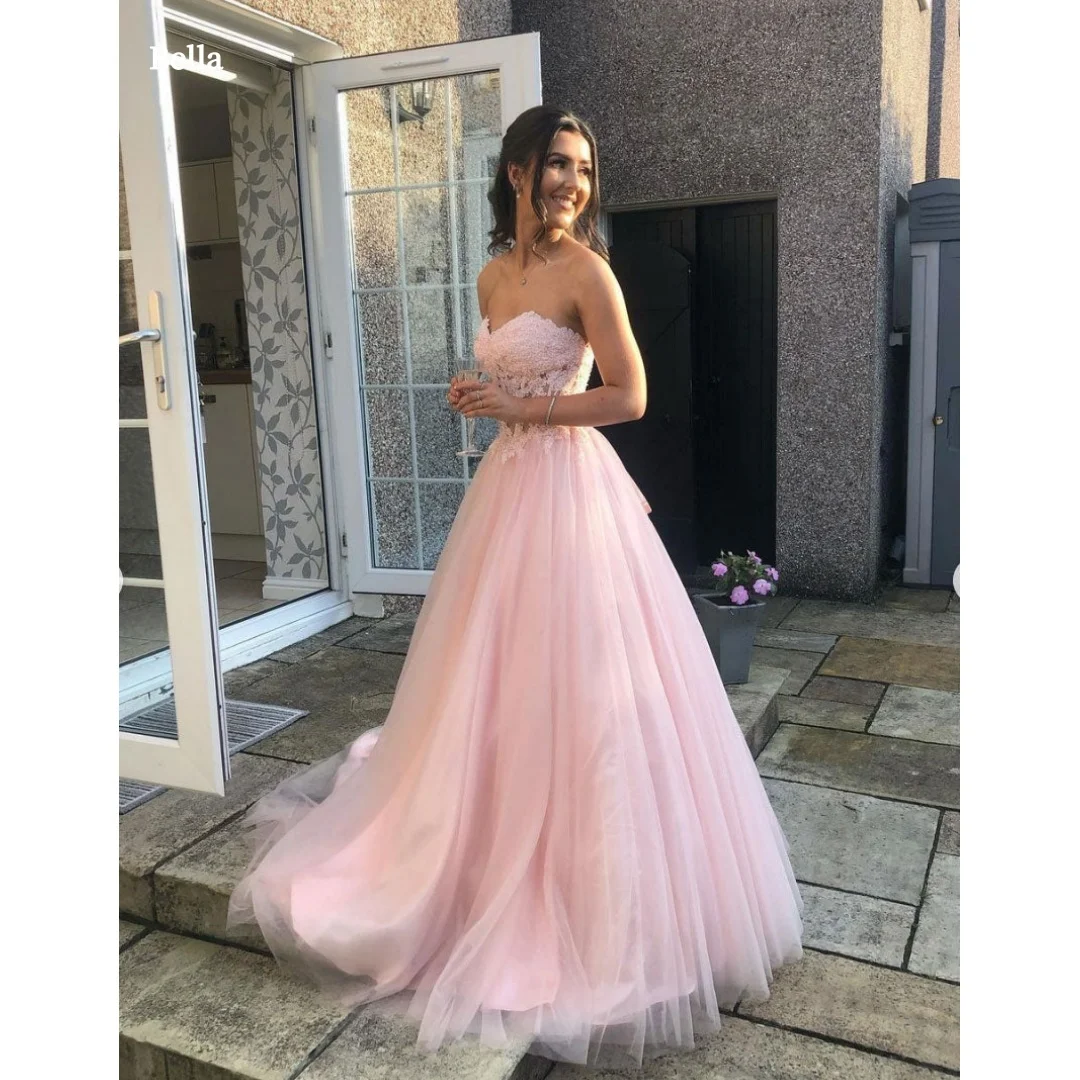 Bella Customized Pink Strapless Lace Prom Dress Party Dresses robes de soirée with Tulle Ball Gown for Women Formal Evening Wear