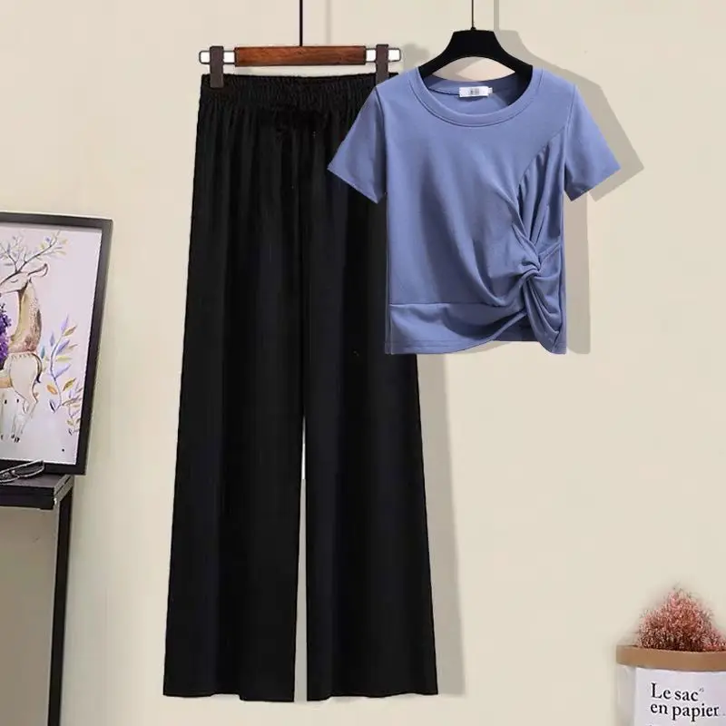 Single-piece/suit Fashion T-shirt Women's Irregular Open Navel Top+vertical Feeling Black Wide Leg Pants Two-piece Set