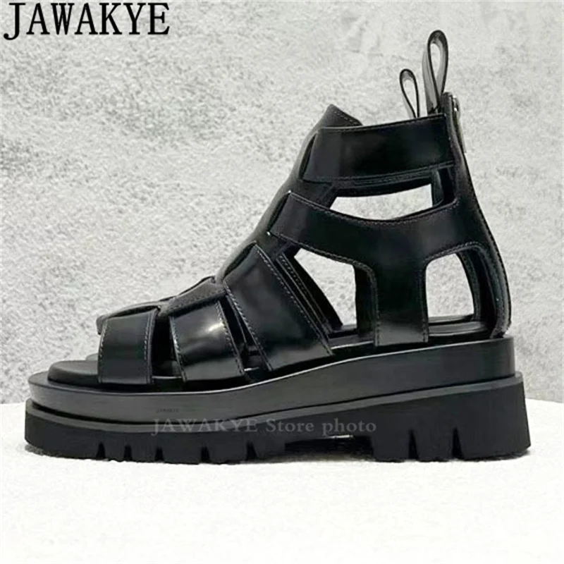 

Black High Top Round Open Toe Platform Sandals Women Thick Sole Punk Style Rome Sandals Summer Casual Fashion Beach Flat Sandals