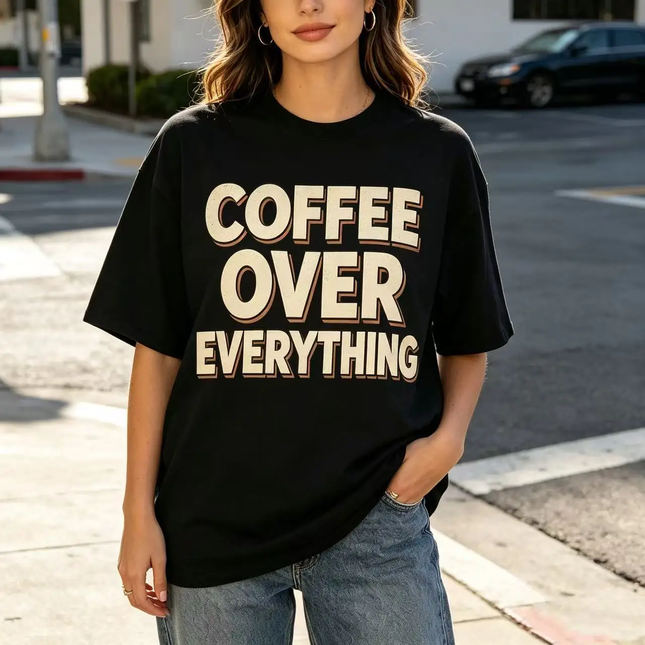 Unisex Coffee Over Everything Bold Letter Slogan Graphic T‑Shirt Men Women Aesthetic Coffee Lover Print Oversized Crew Neck Tee