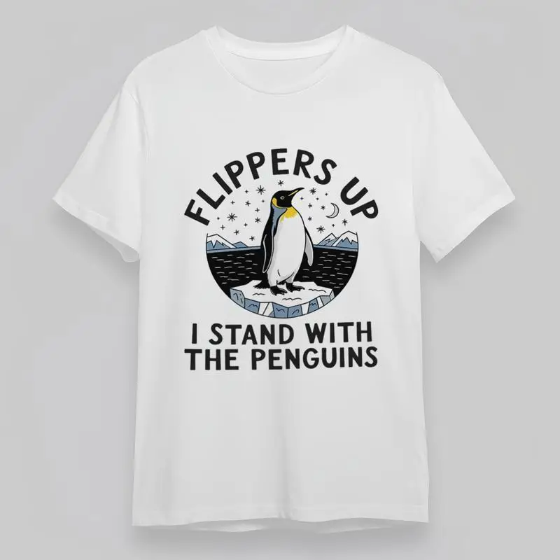 

Мужская мягкая классическая футболка Flippers Up I Stand With Penguins Mountain Scene