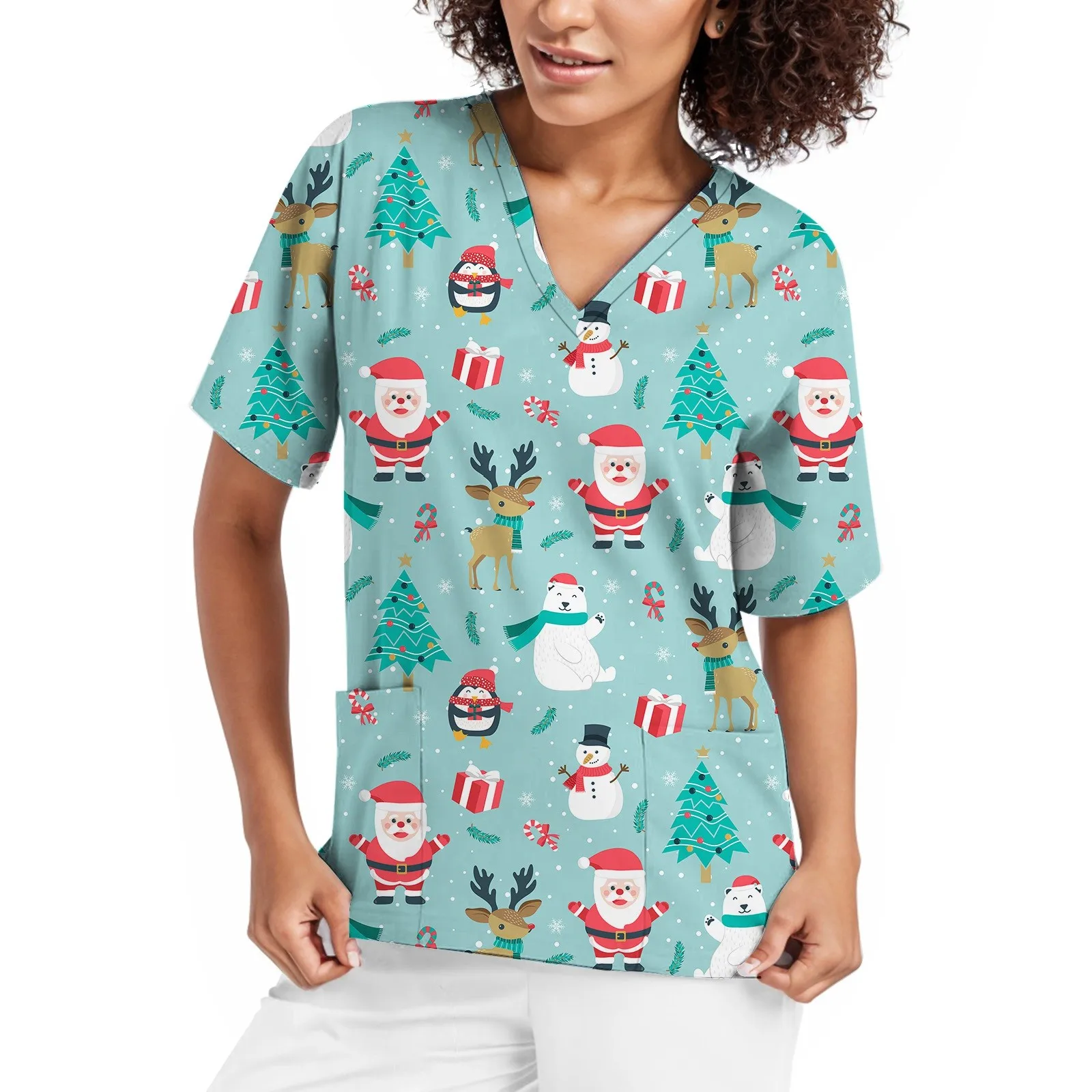 Christmas Scrub Tops Nurse Shirt Casual Cotton Short Sleeve medical uniform Nurse Blouse V-neck uniforms top Uniform Clothes