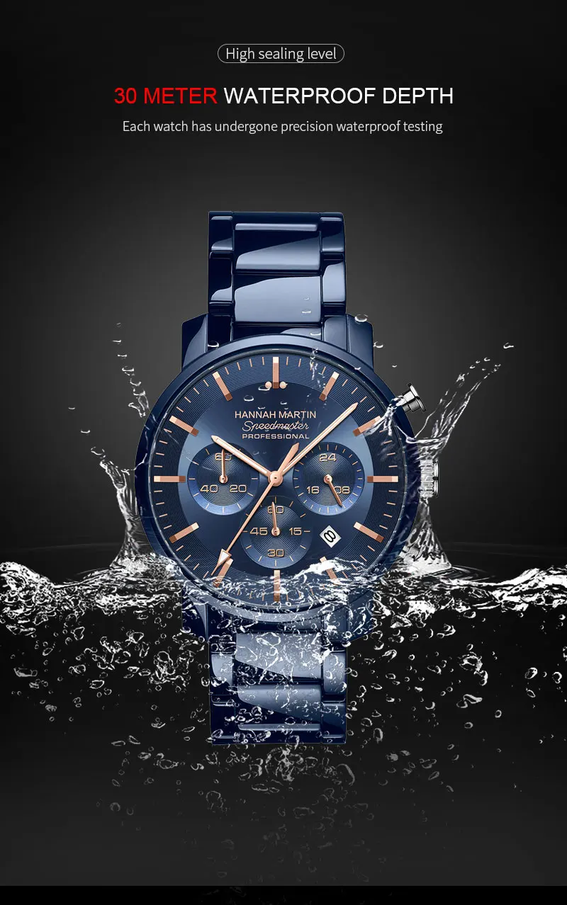 2024 neue multifunktionale Uhr Hannah Martin Marke 46 mm Blau Silber Edelstahl Freizeit Quarz Timing Uhr Kostenloser Versand – Detail 3