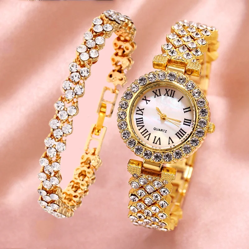 2PCS/Set Women\'s Watch Fashion Rhinestone Roma Dial Quartz Watches Stainless Steel Band Wrist Watch Bracelet Set