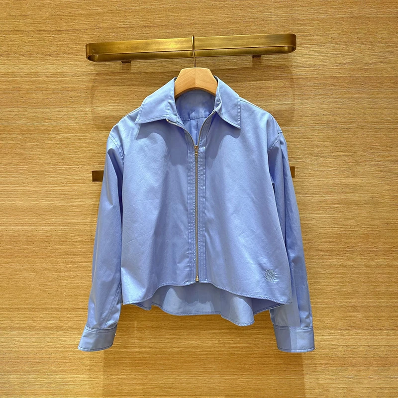 

Early Spring Light Blue mat Faionable Button Logo Loose Zipper Sle Women's irt French Sle Pure Cotton Long Sve