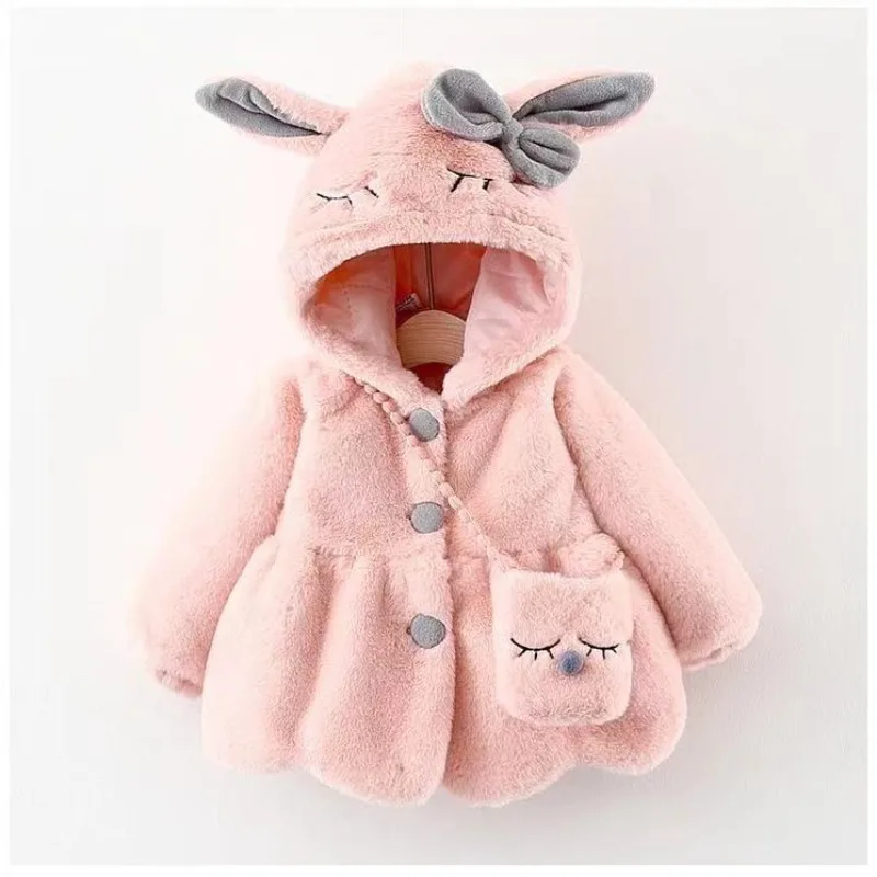 Winter New Children\'s Clothing Girls Long Sleeve Hooded Thick Fur Cartoon Cute Rabbit Ears Coat