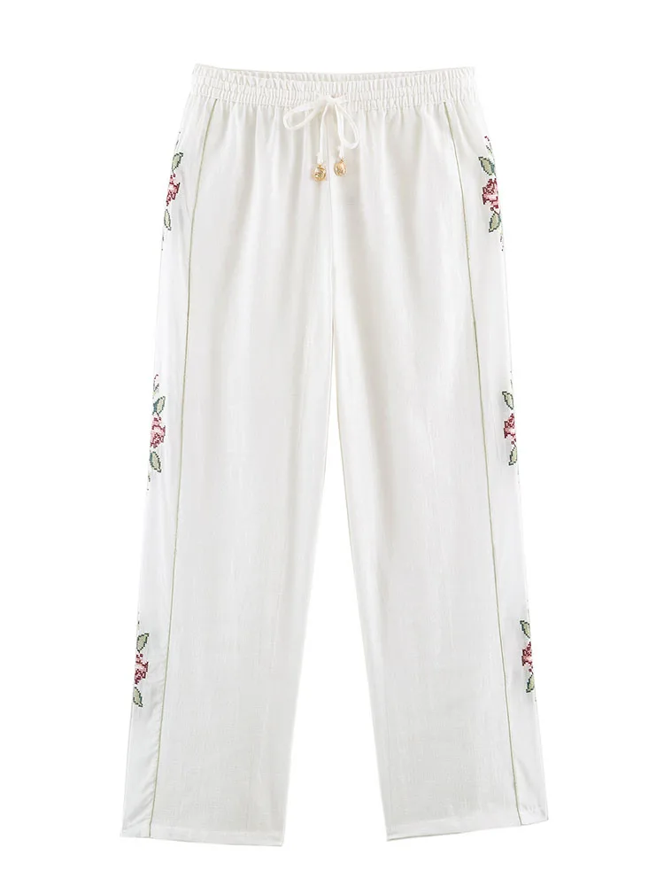 HH Women Summer Chic Floral Embroidered Wide Leg Pants Drawstring Waist For Brunch Party Holiday Vacation Outdoor Casual Wear