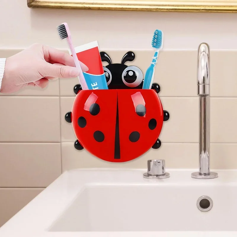 Cartoon Ladybug Toothbrush Holder Wall Mounted Remote Control Shelf Household Toothbrush Toothpaste Holder Container Accessories