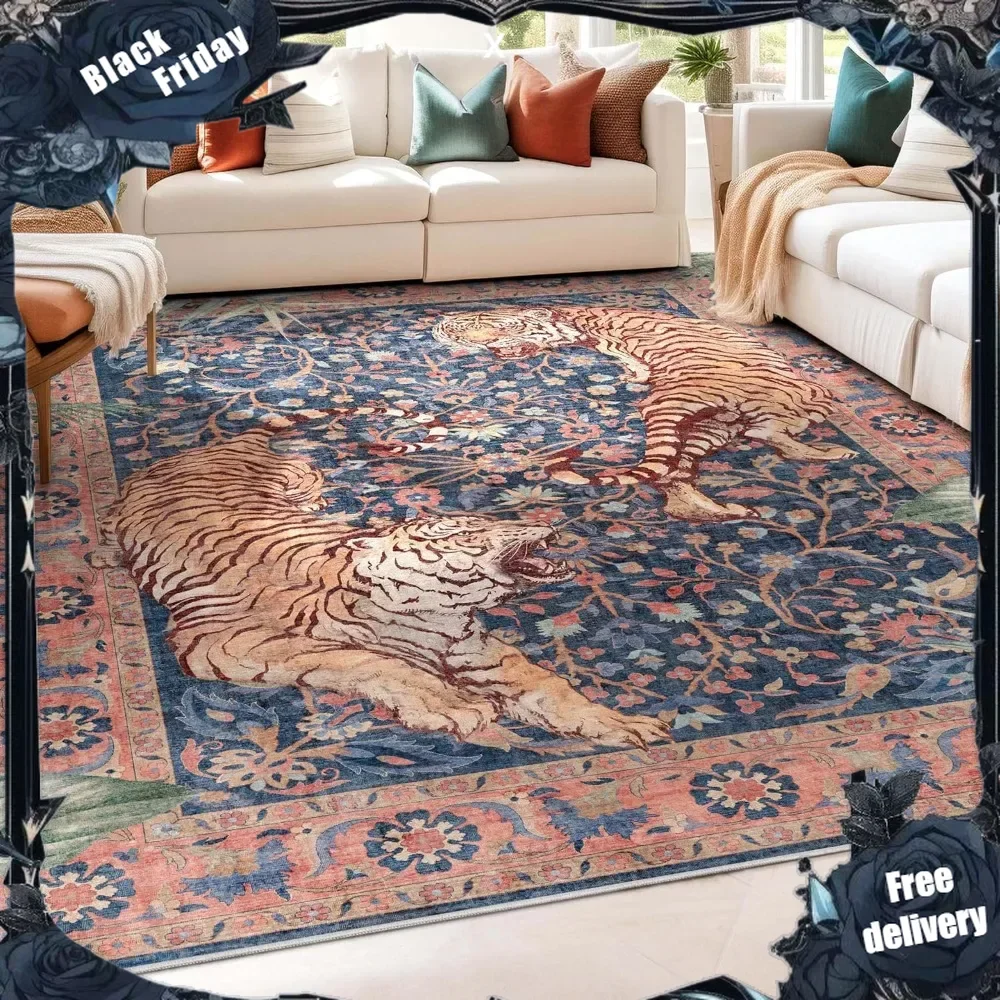 Apollo Botanical Tiger Navy Washable Rug – Dining Room & Bedroom, 7'10" x 9'10", Durable