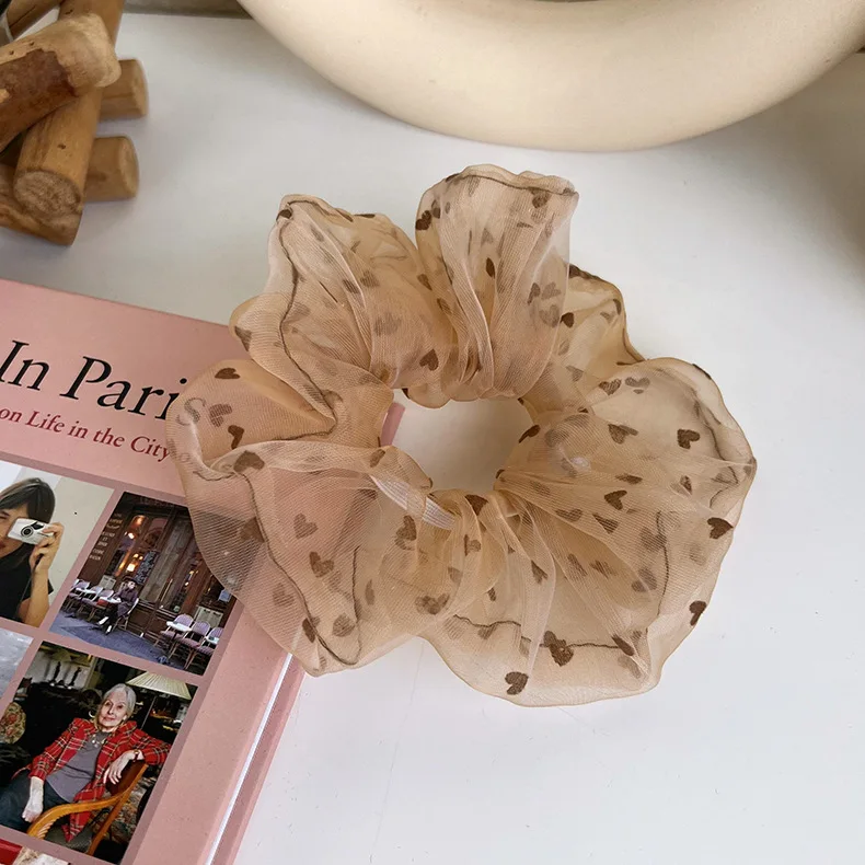 الكورية شبكة حبل الشعر مع طباعة القلب ، ذيل حصان شفاف تول ، رومانسية الشعر التعادل ، اكسسوارات الصيف ، Hot