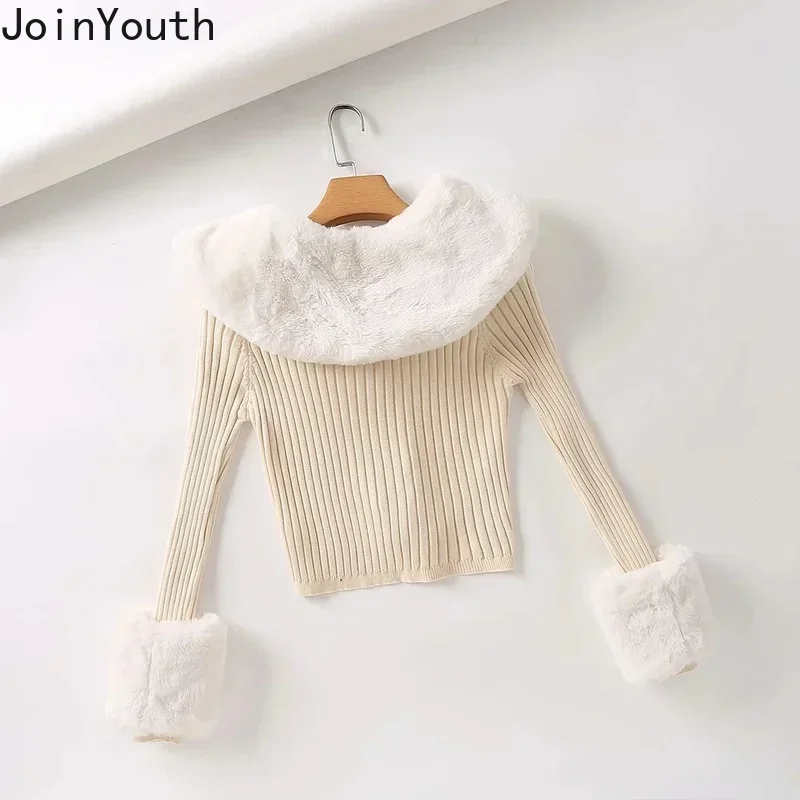 Joinyouth Cropped Cardigan Coat Pull Femme Korean Clothing Vintage Knitted Sweater Women Chic Fur Collar Temperament Sueter Tops