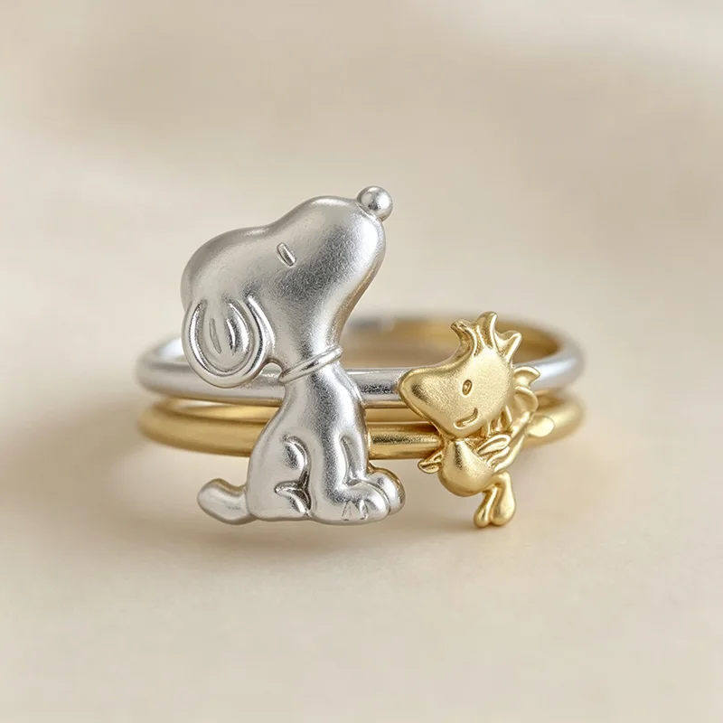 Snoopy woodstock stackable ring set peanuts cartoon adjustable open rings kawaii two tone couple matching jewelry gift