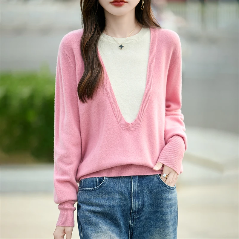 

New 2025 Women's 100% Merino Wool O-neck Sweater Full Sleeve Knitted Fashion Versatile Autumn/Winter pullover color blocking