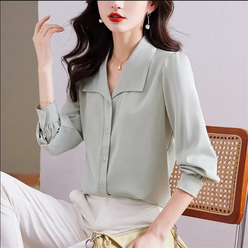 

Silk Women Blouses Long sleeved Shirt For Woman Blous Temperament Square Neck Cardigan Top Solid Color ButtonFemale Shirt Top