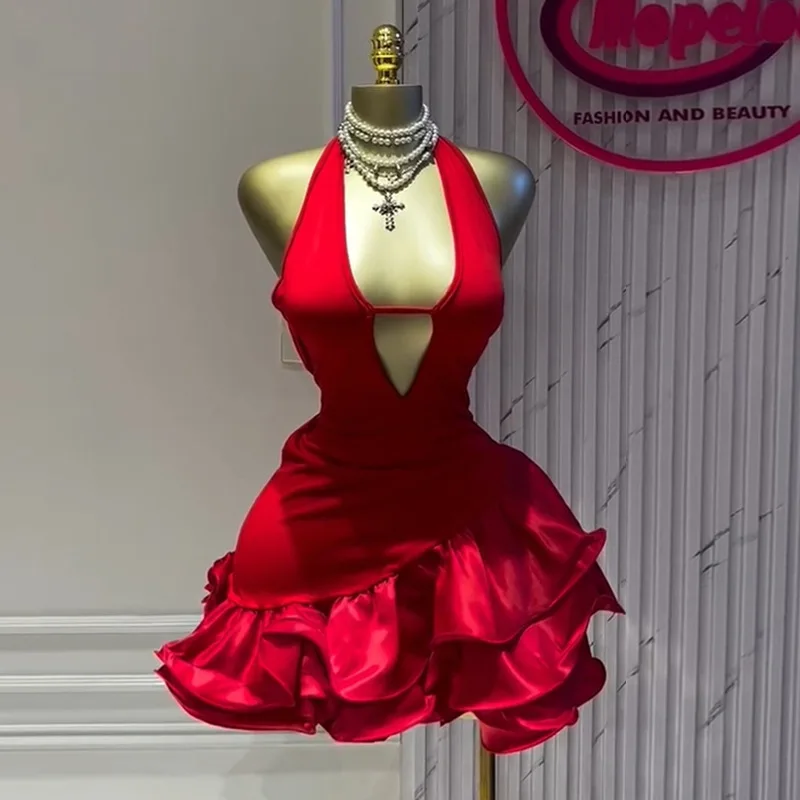 Women Sleevelss Halter V-neck Ruffles Ball Gown Smock A-line Mini Midi Dress 2025 Summer Vacation Holiday Party Dresses