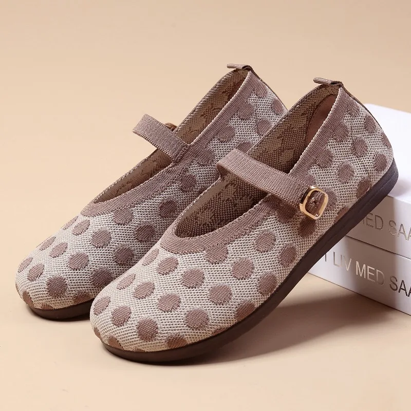 

Plus Size Women's Polka Dot Knit Mary Jane Shoes Breathable Hollow Mesh Adjustable Buckle Soft Non-slip Comfortable Daily Flats