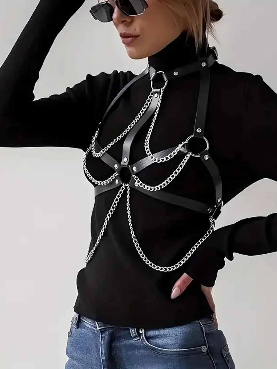أزياء المرأة الصدر بو الجلود تسخير مع سلاسل القوطي الجسم سلسلة هدية عيد الحب المرأة مثير الملحقات #1