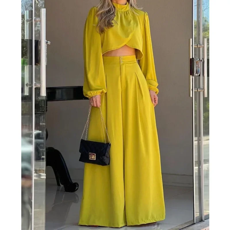 Office Lady Summer Outfits Women 2024 Irregular Long Sleeved Top High Waist Wide Leg Pants Suit Women Clothing Streetwear