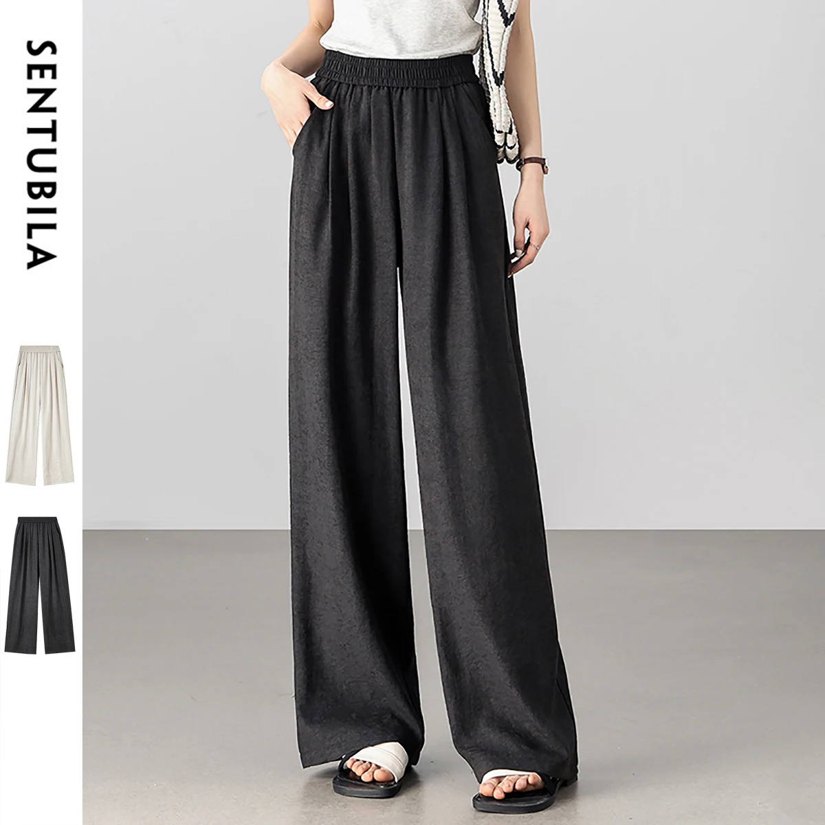 

SENTUBILA High-waist Womens Pants 2025 Fashion Casual Wide-leg Pants Commuting Pockets Female Full-length Trousers W52K80147