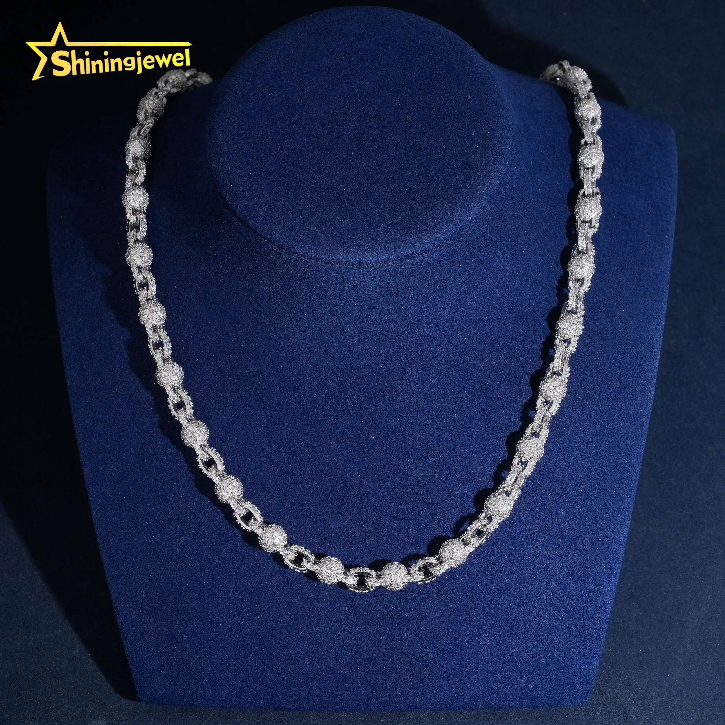 Iced Fully Out Jewelry 8mm Diamond Ball Link Chain 925 Silver Moissanite Chain VVS Chain Hip Hop Men Cuban Link Chain.