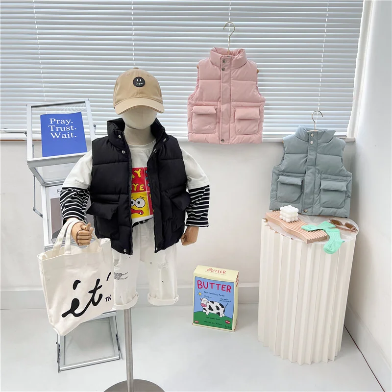 

2025 New Kids Down Vest Boys Girls Casual Cotton Waistcoat Spring Autumn Children Waterproof Thickened Coat With Pockets 2-6 Y