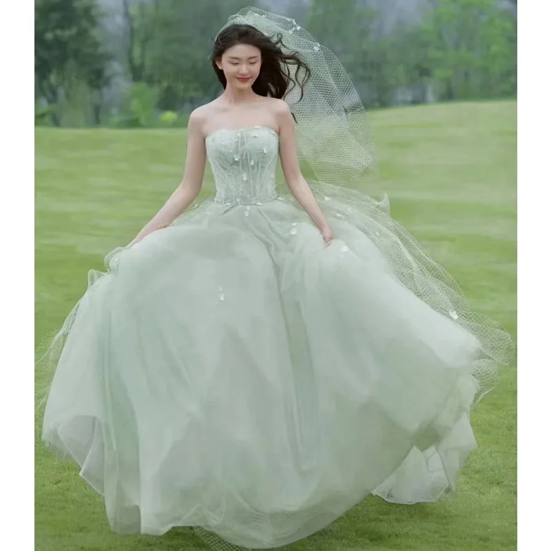 Robe de Mariée Verte Personnalisée avec Appliques en Tulle, Vêtement Formel avec Traîne pour Patients, Quelle que soit la Cour