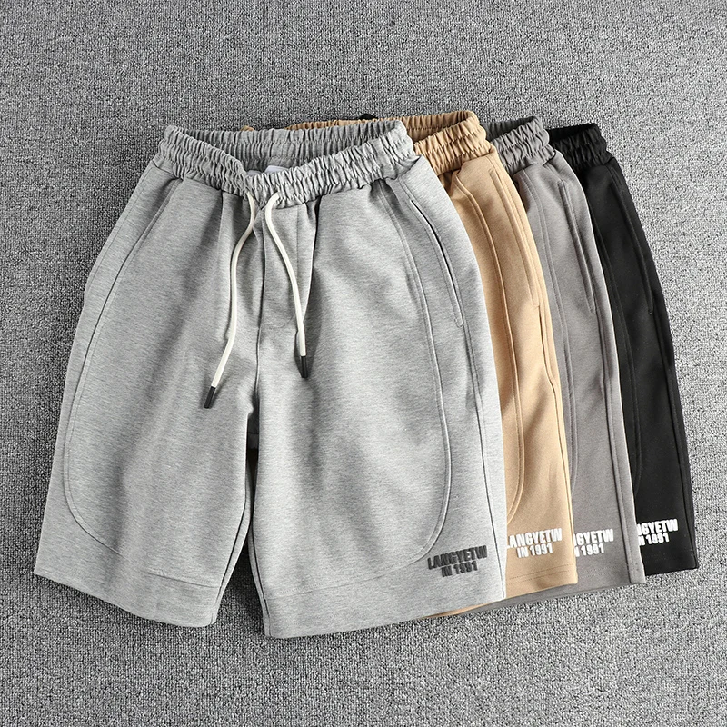 Summer New American Retro Knitted Solid Color Shorts Men's High Street Elastic Wasit Drawstring Sport Casual Loose 5-point Pants