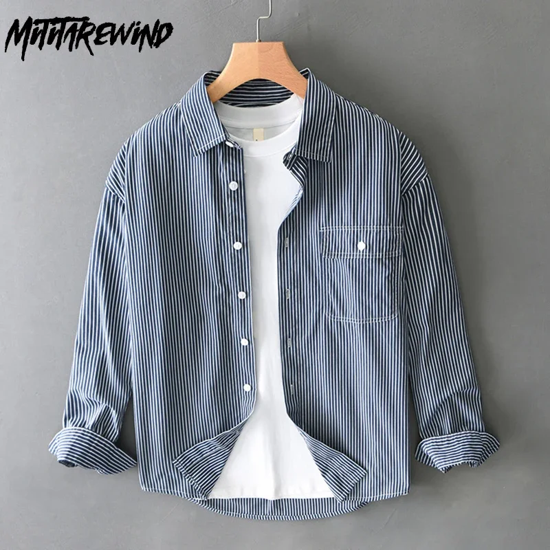 

Полосатые рубашки с длинным рукавом в корейском стиле, мужские весенние новые рубашки, мужские топы из чистого хлопка с лацканами и карманами, свободные рубашки, повседневная одежда