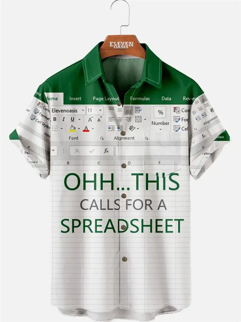 Men's Fun Excel Spreadsheet 3D Print Shirts Green White Funny Office Short Sleeve Lapel Tops Men Clothes