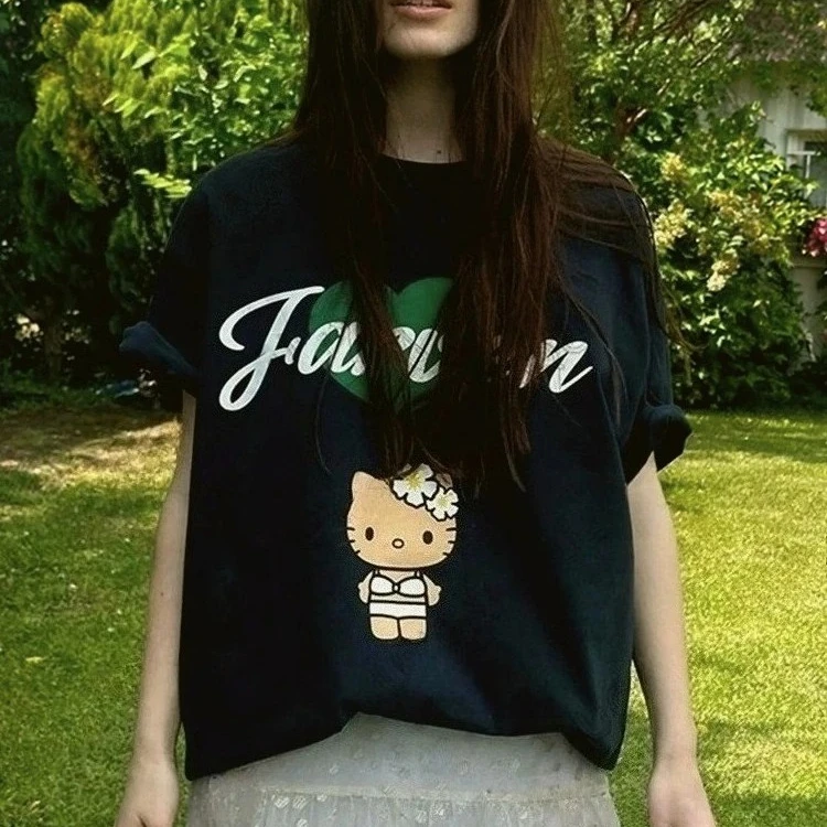 

Summer New Korean Cute Cartoon HelloKitty Printed Cotton T-shirt For Women Short Sleeve O-neck Tees Casual Streetwear Y2K Tops