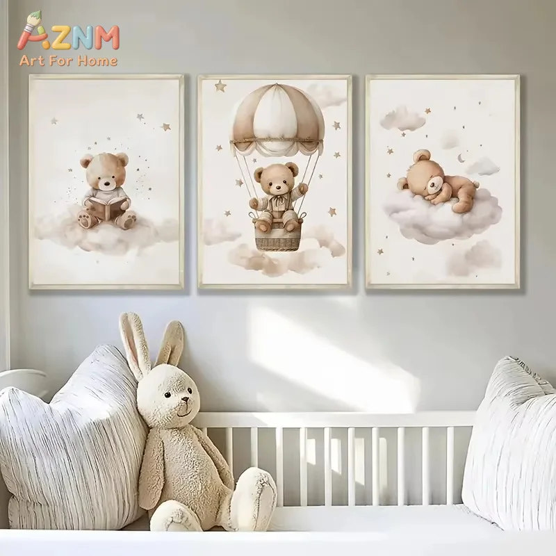3pcs Bohemian Style Teddy Bear Animal Nursery Canvas Poster Stars Cloud Bears Wall Art Prints Modern Living Room Home Decor