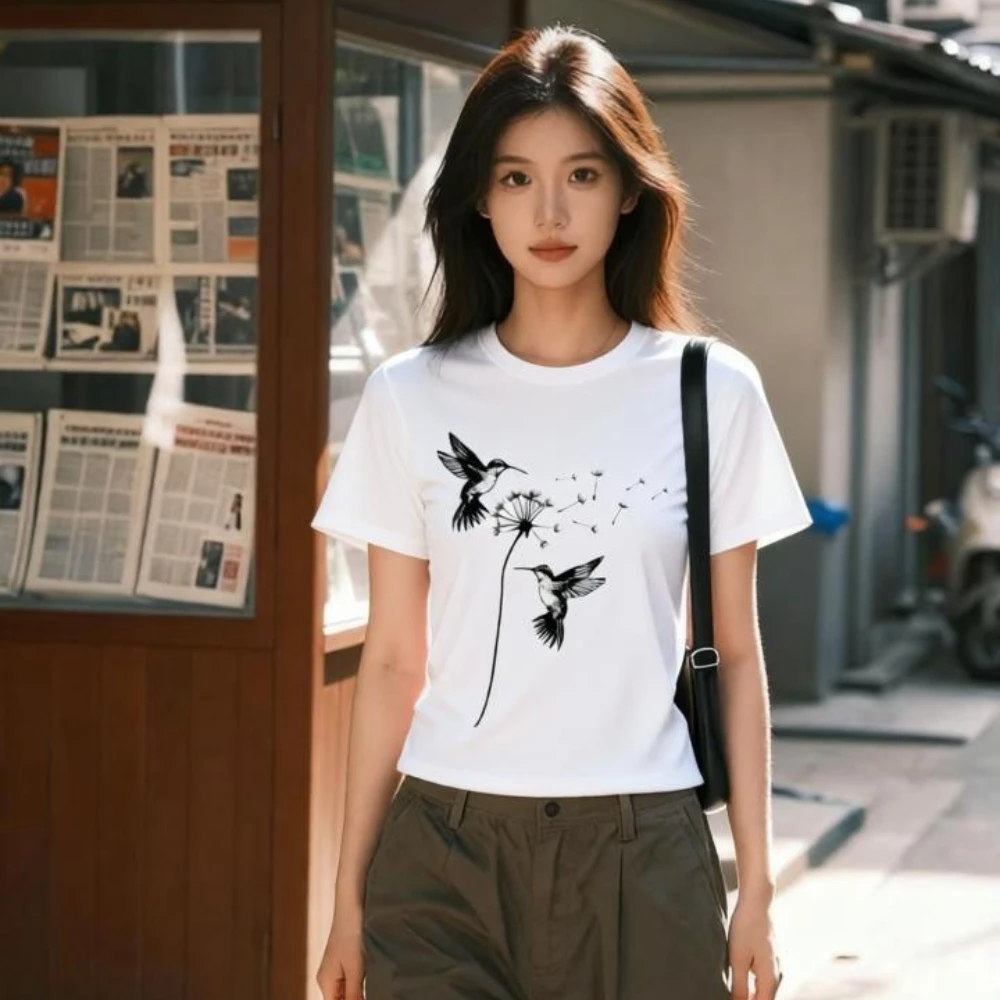 Cute Hummingbird Graphic Print Women's Short Sleeve Round Neck Tee Spring Summer Breathable Refresh Sport Casual Daily Women Top