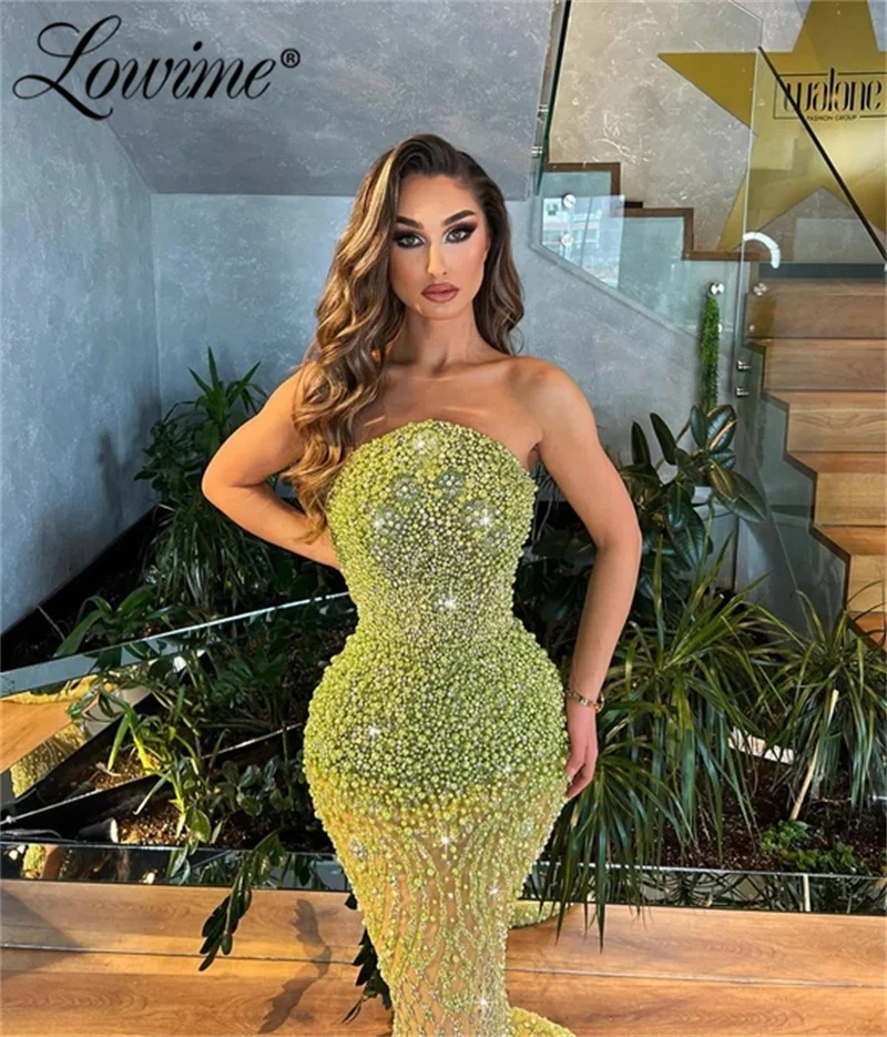 Heavy Beading Shiny Prom Dresses Long Train Strapless Mermaid Luxury Evening Dress 2024 Robe De Soirée Haute Couture Prom Gowns