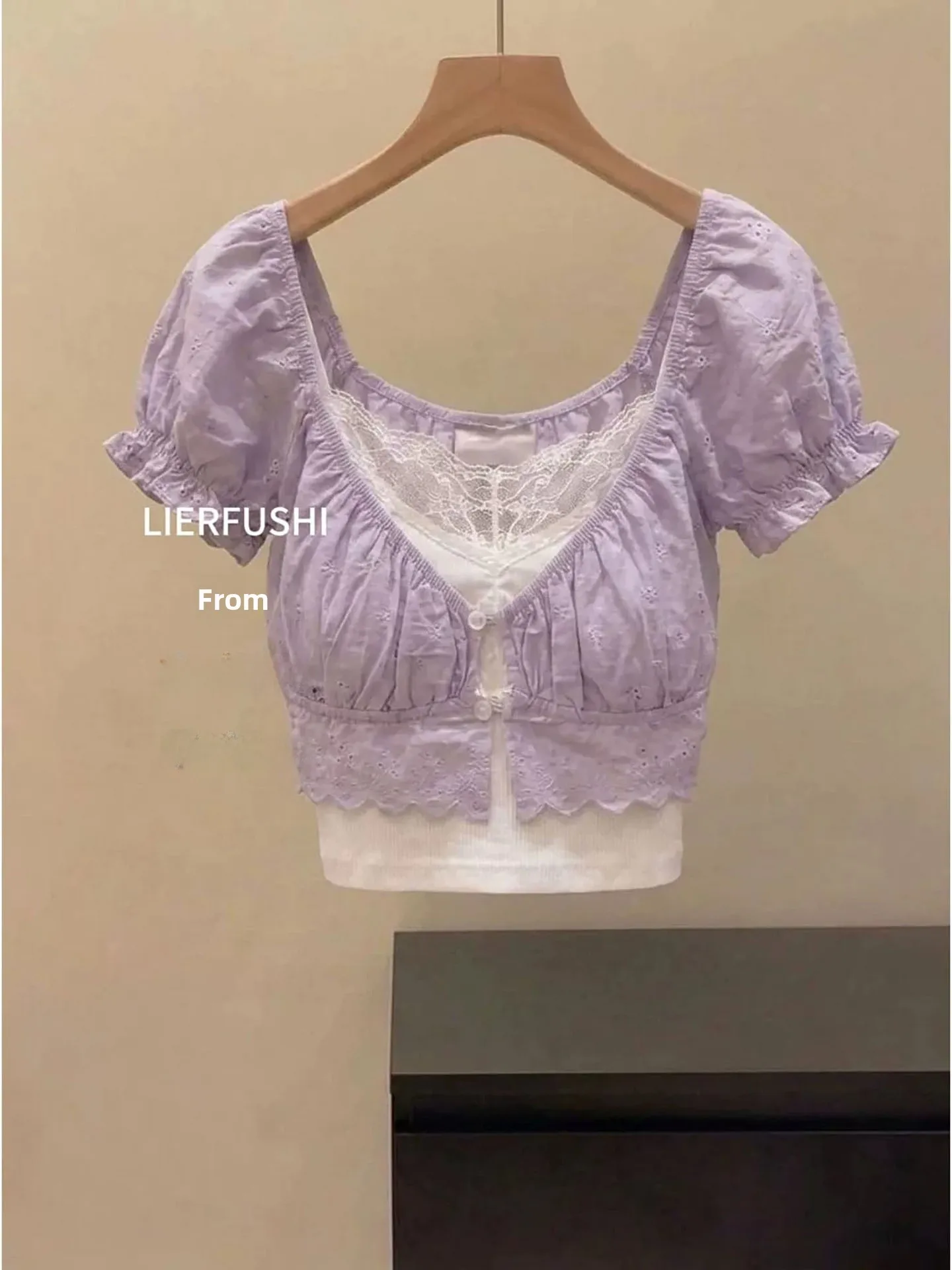 Summer Short Sleeve Bubble Sleeve Shirt Women's Fashion Set Square Collar Embroidery High Waist Shorts Lace Detail Slim Fit