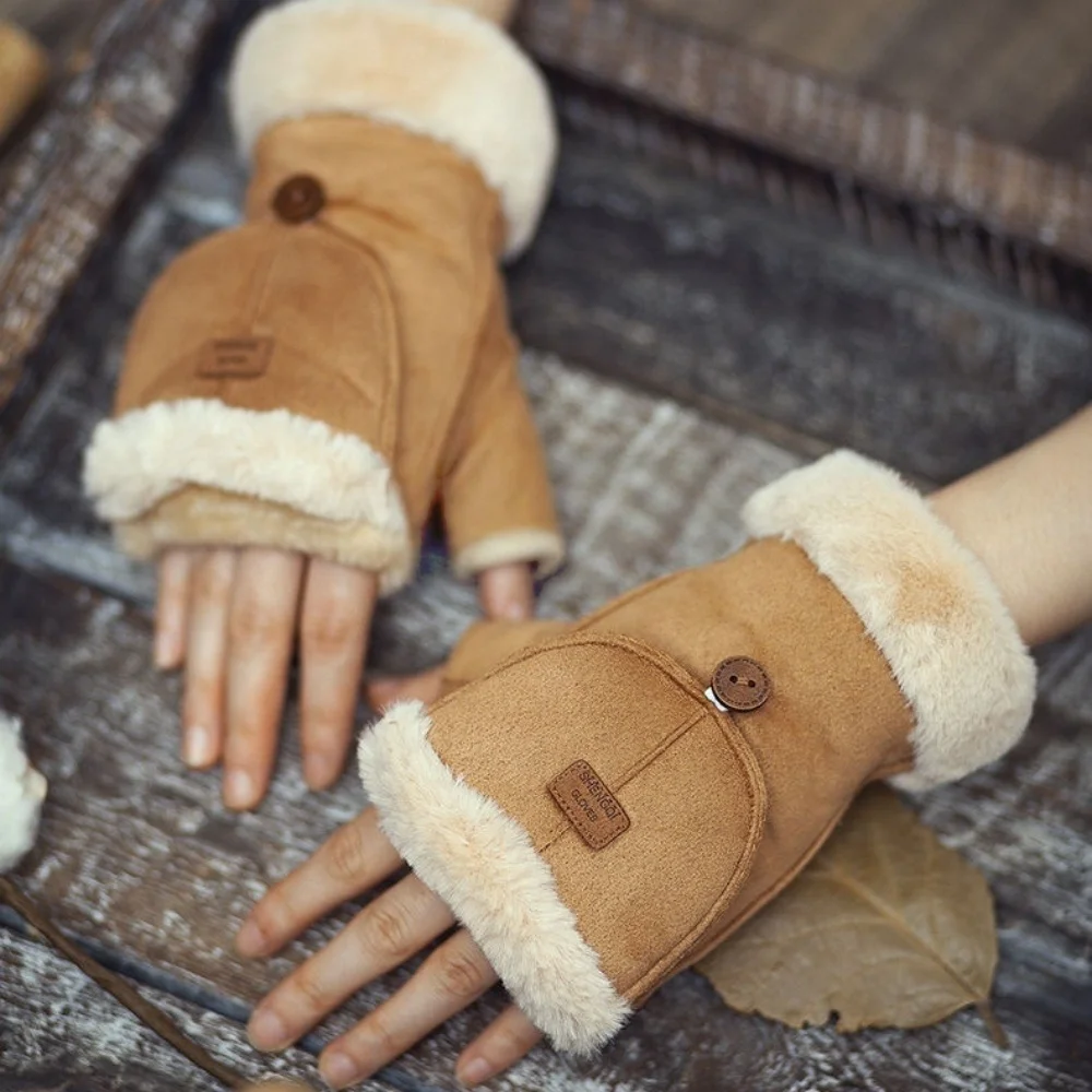 Women Suede Fabric Riding Gloves Winter Warm Flip Cover Mittens guantes Cute Girls Students Touchscreen Half Finger Gloves