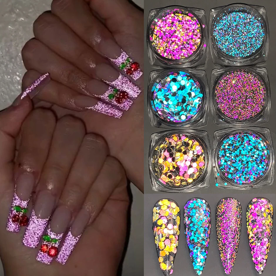 

6 Boxes Reflective Glitter Flakes Nail Sequin Iridescent Dazzling Nail Art Powder Slice Gel Polish DIY Art Disco Decoration Dust