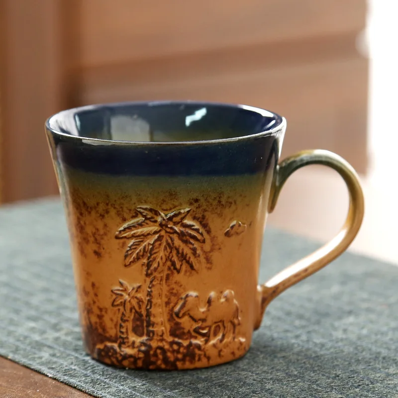 Desert Camel Hand-Painted Coarse Pottery Mug - Embossed Ceramic Cup for Coffee & Daily Hydration