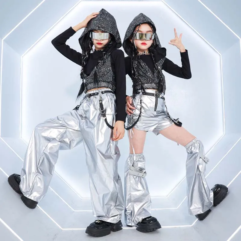 Jazz Dance Costume Girls K-Pop Hip Hop Stage Outfit Kids Fashion Show Performance Clothes Silver Shuffle Pants Sequin Top AMY921