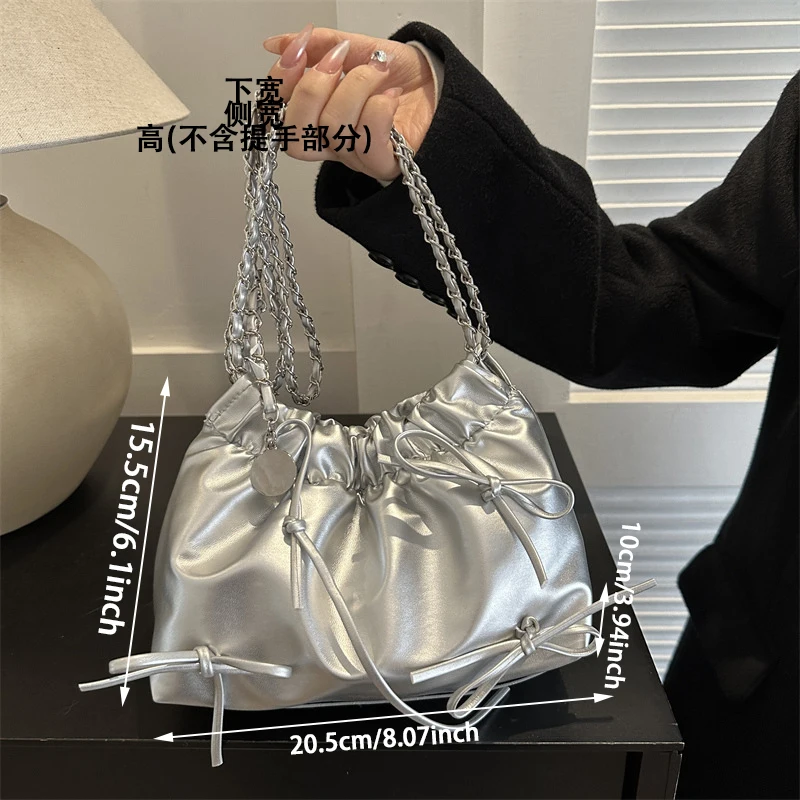 Cute Small Bow Tie Design Crossbody Bags For Women Silver Handbags PU Leather Shoulder Bag Bucket Purses